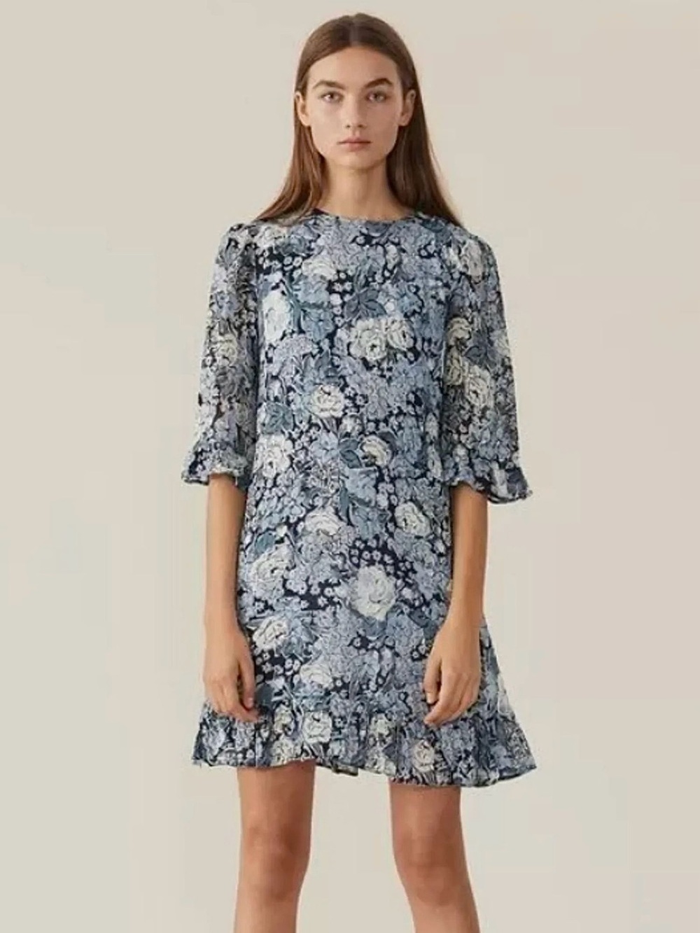 Ganni Elm Georgette Mini Floral Blue/White Shift Dress